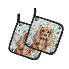 Caroline's Treasures Ruby Cavalier Spaniel Coastal Sea Glass Pair of Potholders