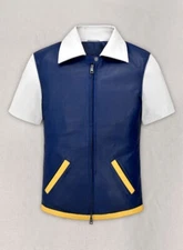 Cartoon Blue Lambskin Half sleeves Leather Jacket Real Combination Animated NEW