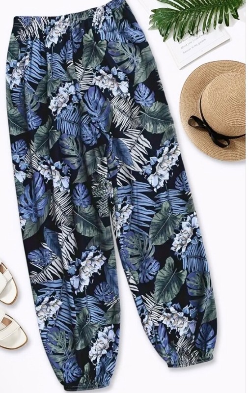 BEACH PANTS with Tropical Design - Size Med - Silky Polyester Fabric