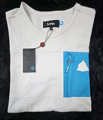NWT Berner Cookies Clothing SF Rubber Logo White/Blue Tee Zip Pocket Defect