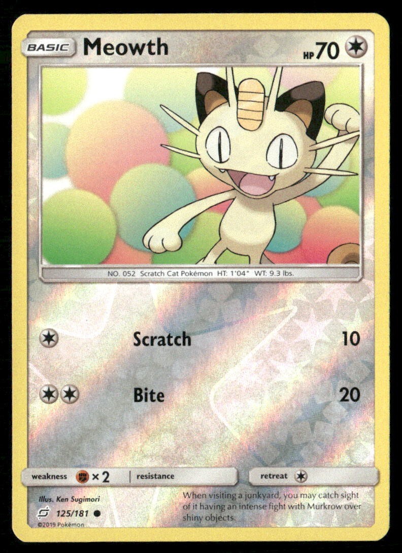 2019 Team Up Set Pokemon Card 125  Meowth Reverse Foil LP