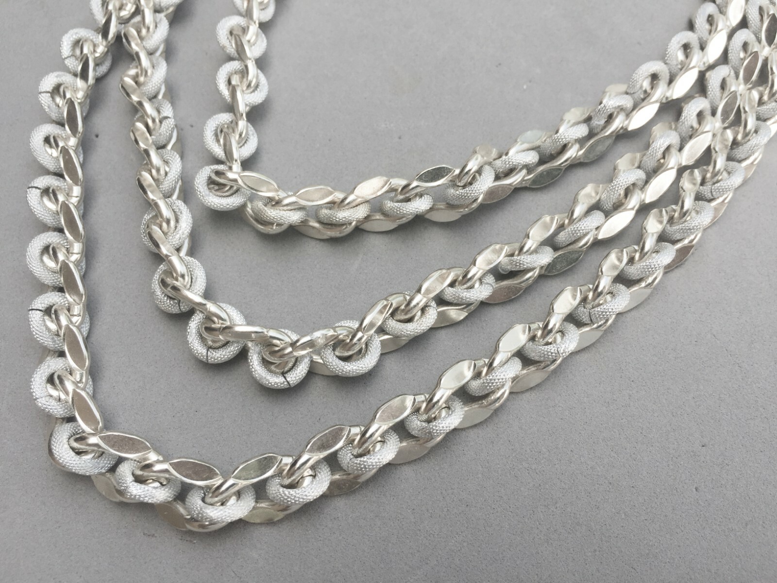 West Germany Chain Necklace 3 Strand Graduated Silver… Gem