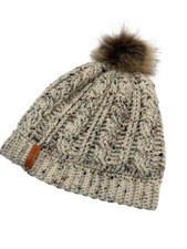 Hand Made Knit Beanie Hat With Faux Fur Pom Pom For Women Size M/L Natural Color