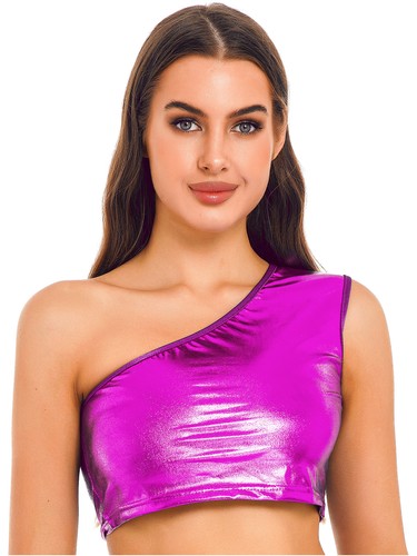 Damen glänzendes Material Crop Top ärmellos Tank Trägershirt glänzend Karneval Party Kostüm - Bild 16 von 64