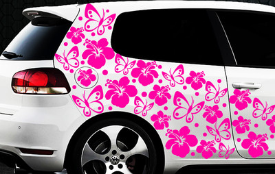 108-Piece Hawaiian Hibiscus Flowers & Butterflies Car Sticker Set - Wall Tattoo Decor