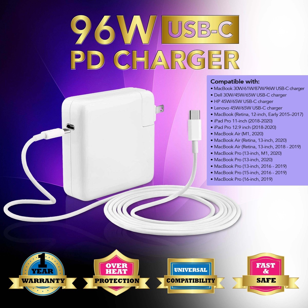 96W USB-C POWER ADAPTER+CABLE for MacBook Pro 15