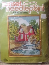 Sunset Needlepoint Kit Autumn Mill Pond 1979 Vintage 11” X 14” sealed 