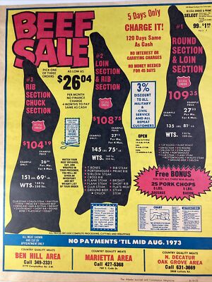 Atlanta GA Print Ad 1973 AJC Beef Sale Country Quality Meats Marietta Decatur