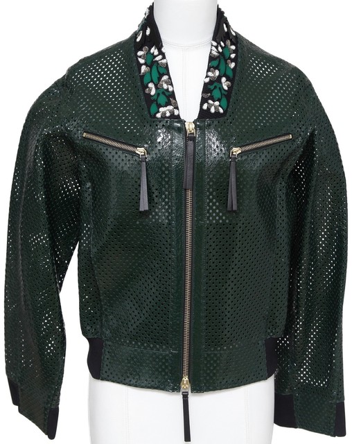 MARNI Patent Leather Jacket Perforated Emerald Green Bomber Coat Floral