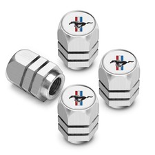 Ford Mustang Tri-bar White On Silver Hexagon Aluminum Tire Valve Caps