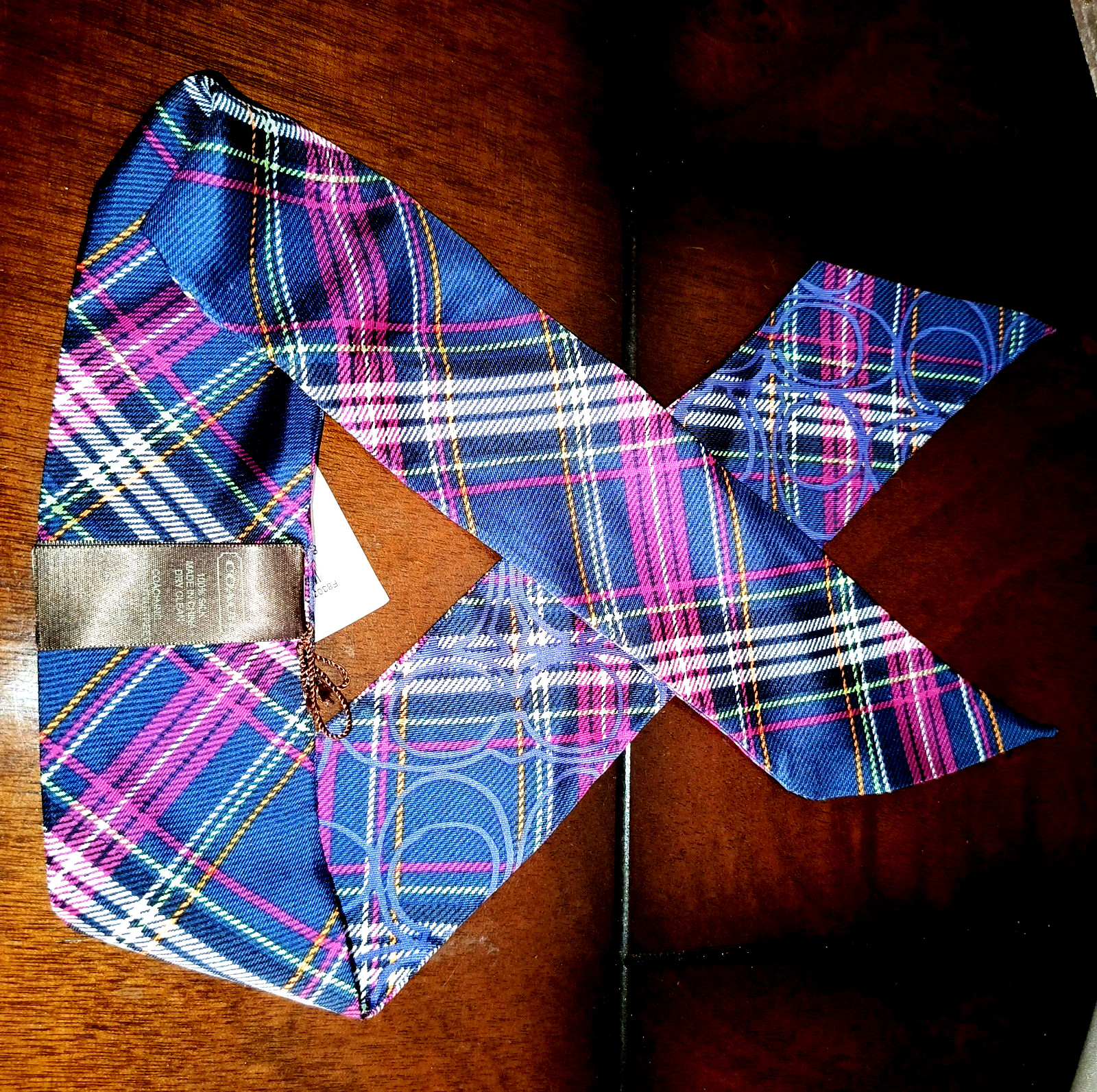 NWT COACH *RARE* SIGNATURE TARTAN PLAID SILK PONY SCARF MULTI COLOR NAVY BLUE image 3