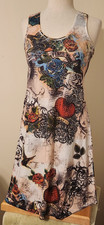Ocean Breeze Tattoo Print Rhinestone Mini Tank Dress Lace Back MED - Y2K