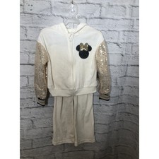 Minnie mouse 4/5 Girl Velour jogging suit sequins cream gold black trim zip New