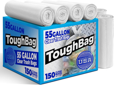 Heavy Duty 55 Gallon Clear Trash Bags (150 Count) - Made in USA