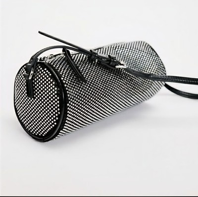 Zara Shimmery Rhinstones Mesh Duffle Bag Black Small $60 NEW Evening Cocktail
