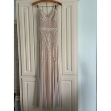 MARINA Nude Sequin V-Neck Sleeveless Maxi Dress Evening Gown Size 8