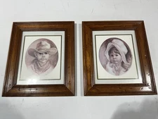 2 Framed Child Portrait Prints – Western Cowboy & Bonnet Girl – Rustic Wall Art