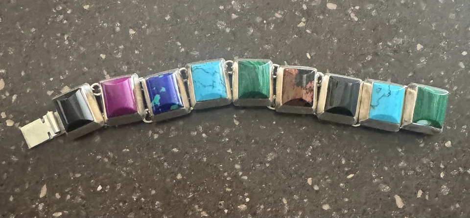 Vintage 7" Mexico 925 Sterling Silber Multi-Stein Inlay Armband, WUNDERSCHÖN! - Bild 3 von 3