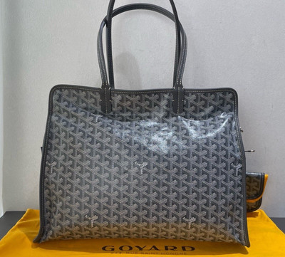 Goyard Hardy Tote PM Canvas Calfskin Shoulder Bag Gray Silver