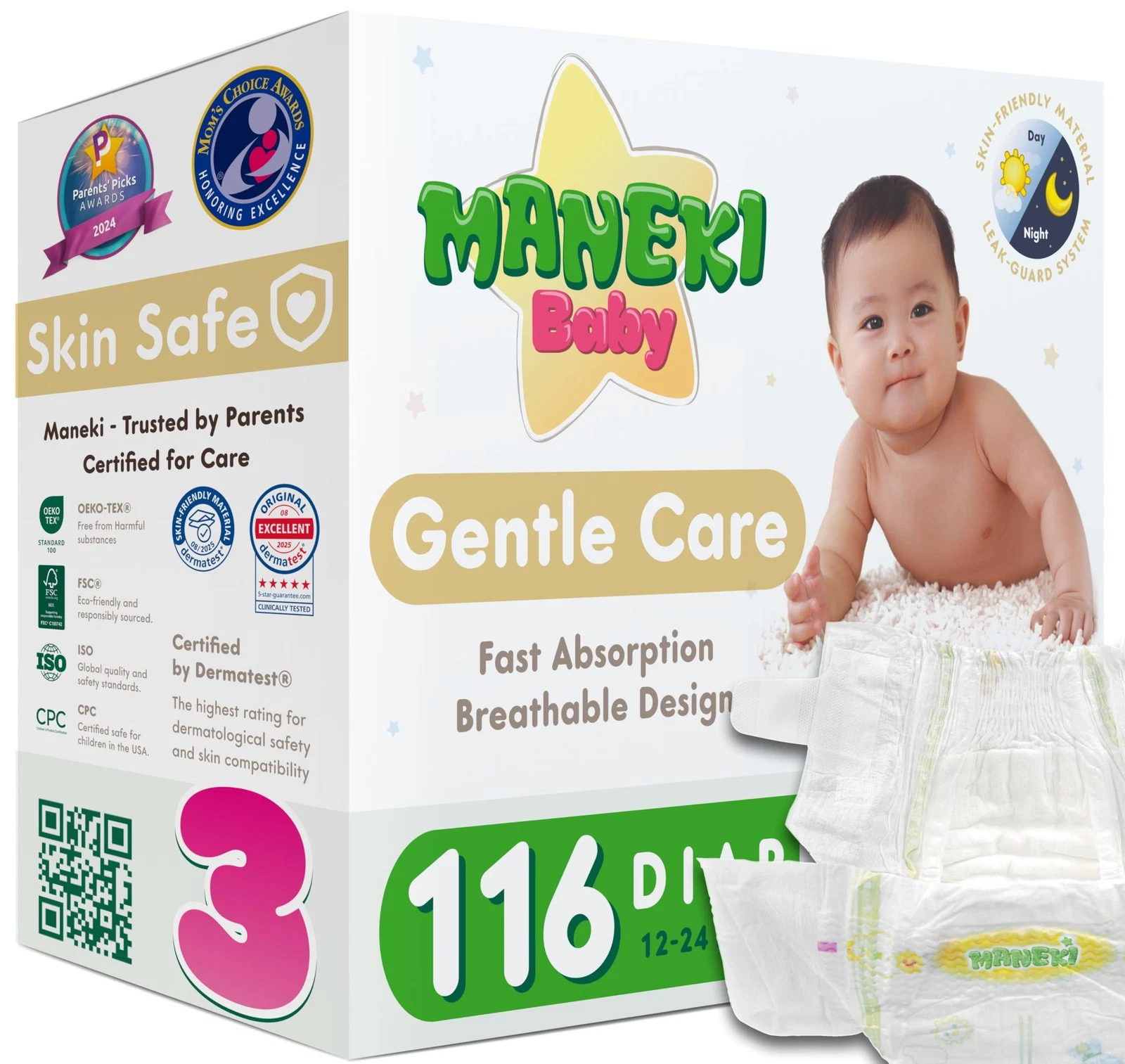 MANEKI Size 3 Diapers, Highly Absorbent & Breathable Baby Diapers, Size 3 12–...