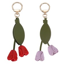 2Pcs Leather Leaf Flower Keychain Tulip Floral Bag Charm Accessory Red/Purple