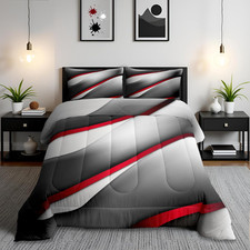 Modern Gray Red Black Comforter Set Full Size Abstract Stripes Quilt Set 3Pcs fo