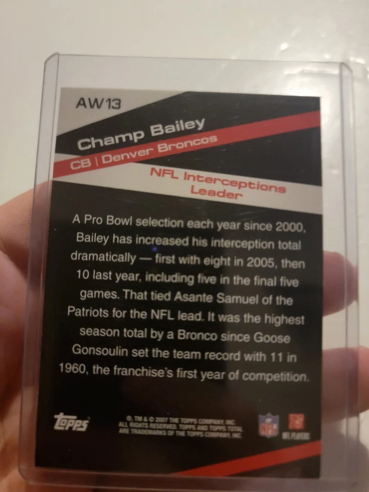 2007 Topps Total Champ Bailey #AW13 Award Winners Denver Broncos Insert - Image 2 of 2