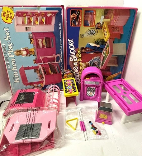 Vintage 1980s Arco Barbie & Skipper Incomplete Play Sets x2 Kitchen & Game Room