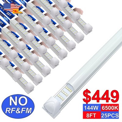 25 Pack T8 8' Led Shop Lights 144 Watt Milky Cover 6500K No Rf Fm Interference