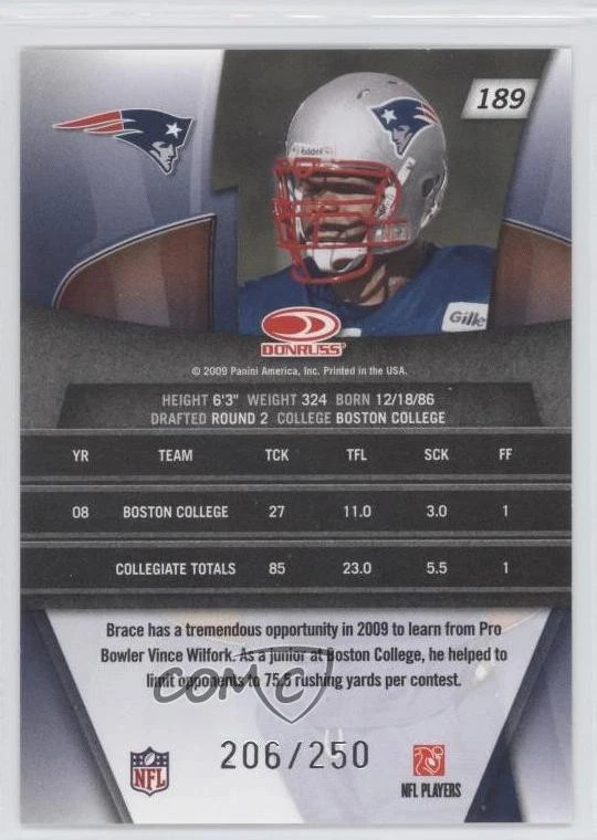 2009 Donruss Gridiron Gear Rookie Silver O's /250 Ron Brace #189 Rookie RC - Image 2 of 2