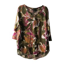NWT Tahari 100% Linen Luxe Lin Floral Print V-Neck Top Tunic Olive Pink 1X