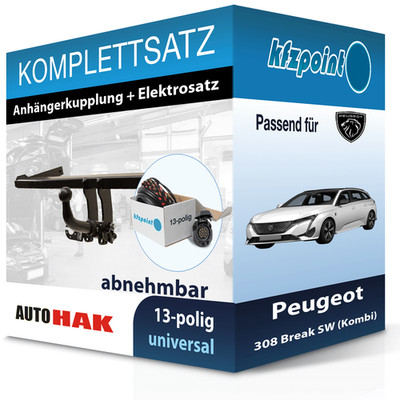 AUTO HAK Anhängekupplung abnehmbar und E-Satz für Peugeot 308 Break SW 14- AHK