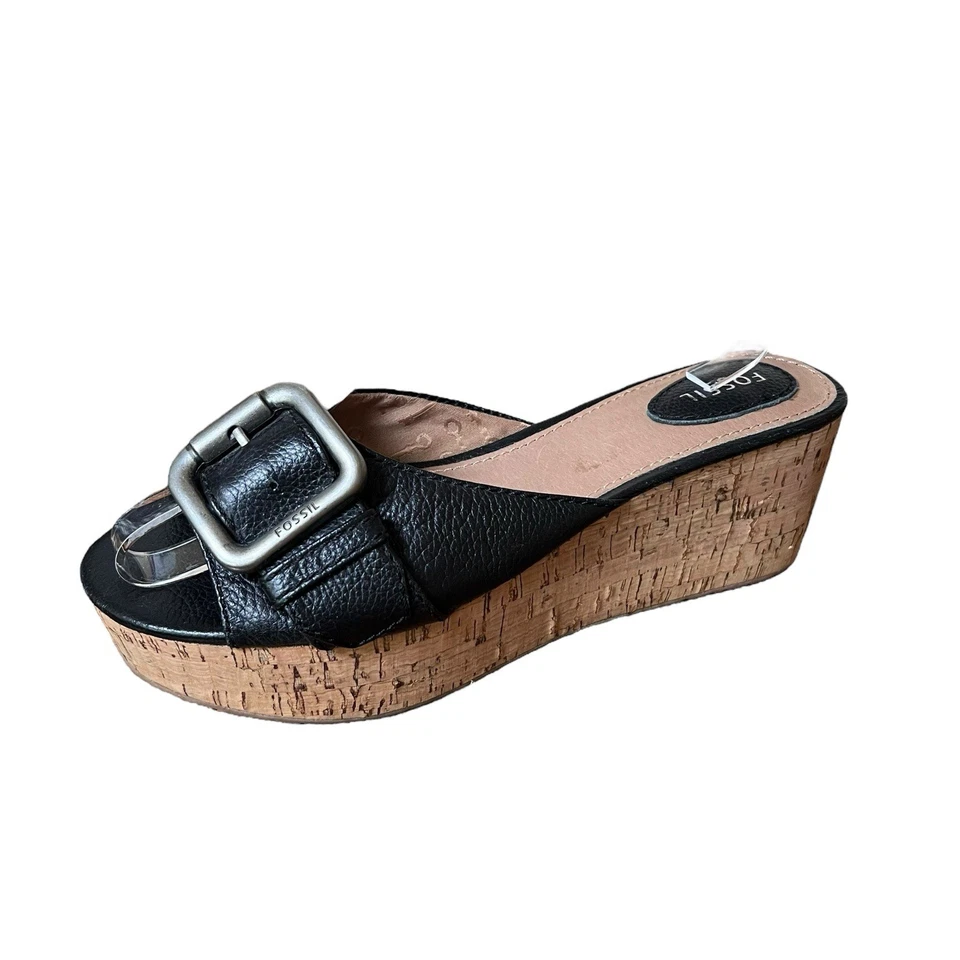 Fossil Malea Platform Cork Wedge Sandals Y2K Black Leather Chunky Grunge Size 9 - Image 4 of 4