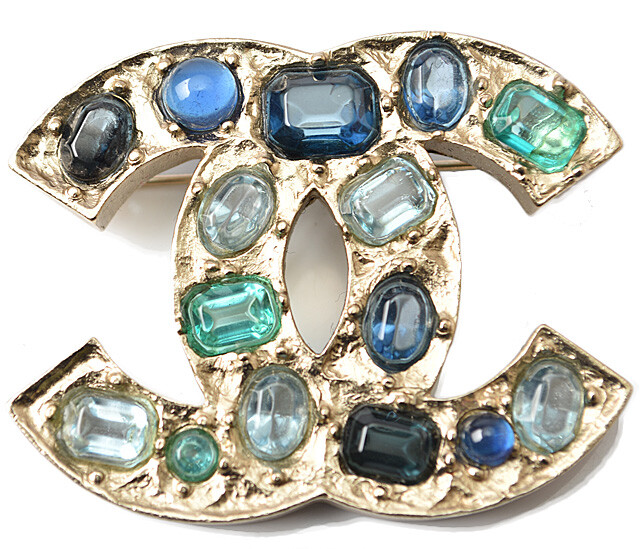 CHANEL Brooch Pin Brooch COCO Mark/Rhinestone Blue Multi/Gold