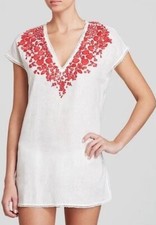 Tory Burch Issy Embroidered White Red Linen Scallop Trim Tunic Top Sz S/P