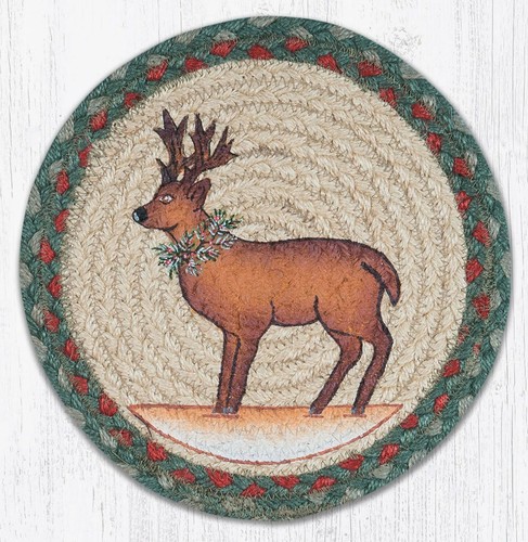 Set of 2 Braided Jute Round Placemat/Trivet/Swatch. REINDEER. Earth Rugs.10" - 第 1/1 張圖片
