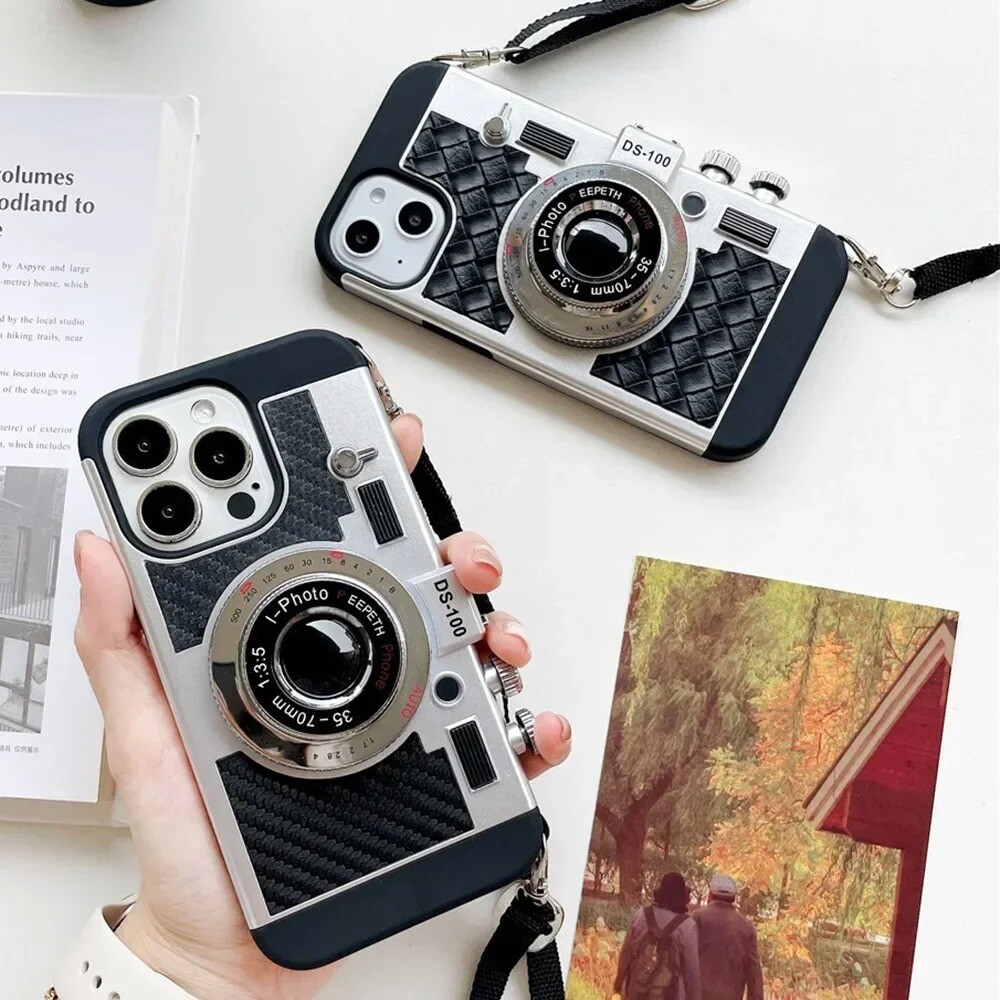 For iPhone 15 16 14 13 pro max 12 11 Retro 3D camera With Lanyard Phone Case