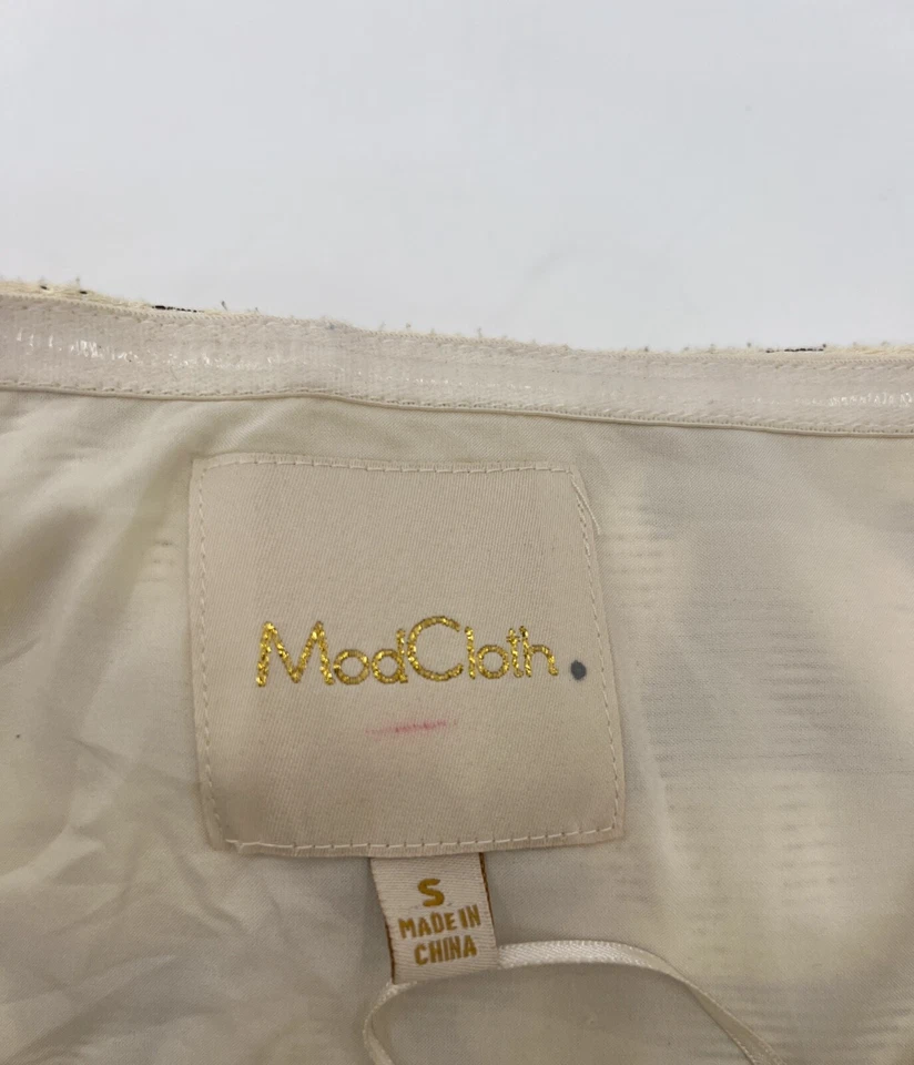 ModCloth Dress Womens Small Ivory Halter Top Fit Flare Brocade Pockets Open Back - Image 3 of 4