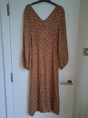 Boho Ditsy Midaxi Dress UK8 Floral D. Anna V-Neck Keyhole Brown Pink BNWT