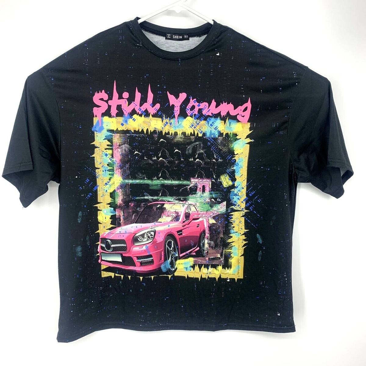 Shein Still Young Graphic Car Print Black T Shirt Mens Size