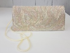 Vtg Iridescent Pink Ivory Beaded Satin Clutch Purse Evening Handbag Snap Closure