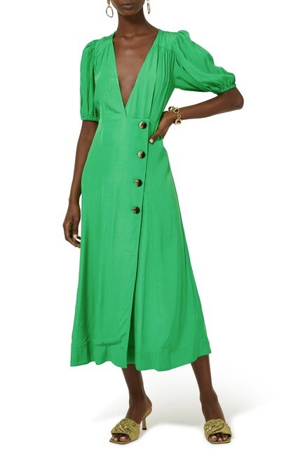 GANNI Ripstop Puff Sleeve Midi Maxi Wrap Dress Sz:6 (38) NWT