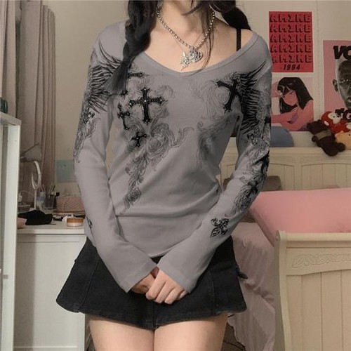 Y2k T Shirt Graphic Cross Wings Print Long Sleeve Tops 2000s Aesthetic  Grunge | eBay