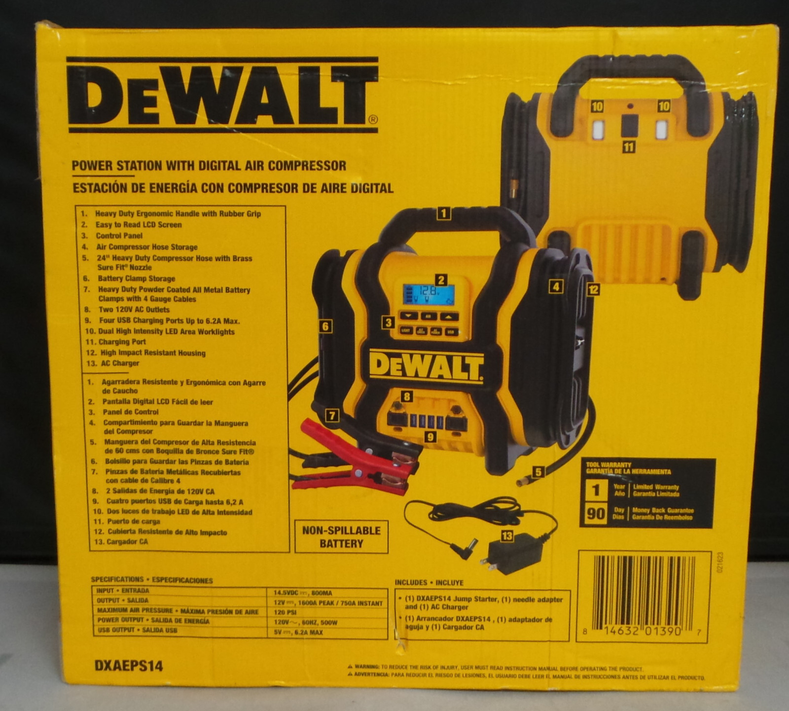 DEWALT DXAEPS14 750 AMP JUMP STARTER/AIR COMPRESSOR POWER STATION NEW