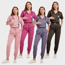 Multicolor Jogger Scrubs Set V-Neck Top Pants for Nurses Doctors