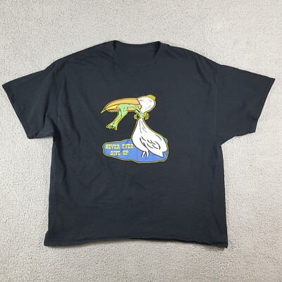 Vintage Never Give Up Funny Faded Black Men's Size 2XL Frog Bird Retro T Shirt