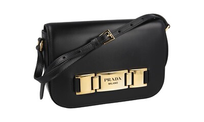 PRADA Leder Corsaire Schultertasche / Handtasche Schwarz Gold NEU