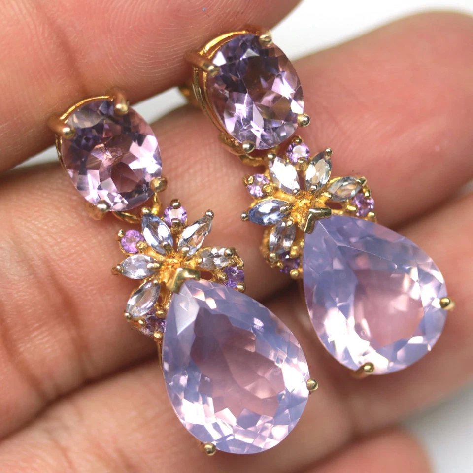 925 Sterling Silver 12 x 16 mm. Lavender Quartz, Amethyst & Tanzanite Earrings - Image 2 of 4