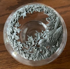 Vintage Rawcliffe Potpourri Trinket Vanity Jar Bowl Pewter Lid Bird & Holly