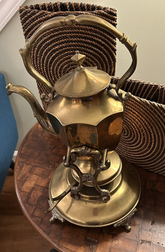 Antique Vintage Brass Coffee Tea Pot On Stand With Warmer